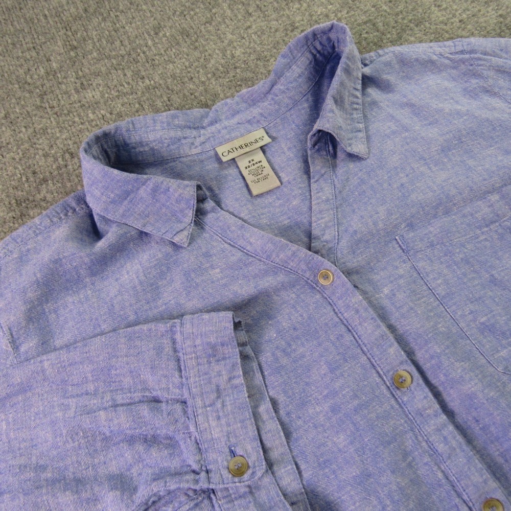 Catherines Shirt Women 2X 22 24 Blue Button Linen Blend Short Half Sleeve Casual